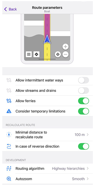 Boat routing settings iOS