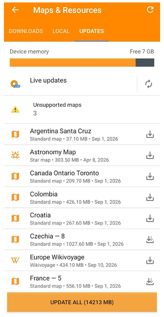 Maps menu Update maps Android