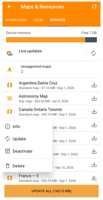 Maps menu Update tab Android