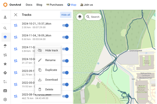 Menú Configurar mapa Tracks