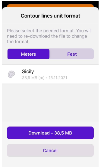 Diálogo de descarga de curvas de nivel iOS