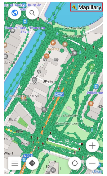 Menú contextual del mapa del complemento Mapillary iOS