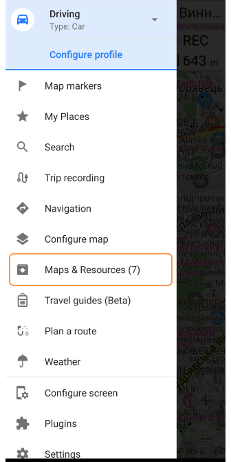 Menú de mapas Android