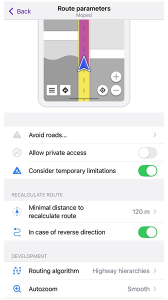 Ajustes de enrutamiento para ciclomotor iOS