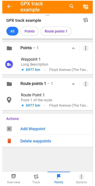 Menú contextual del track Puntos en Android