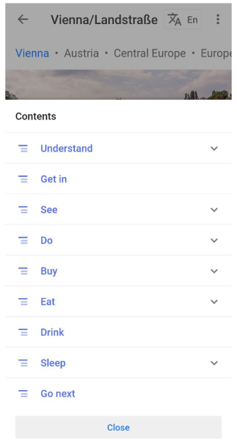 Menú de contenidos de guías de viaje