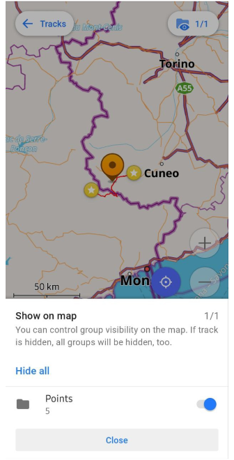 Mapa de Grupo del menú del track en Android