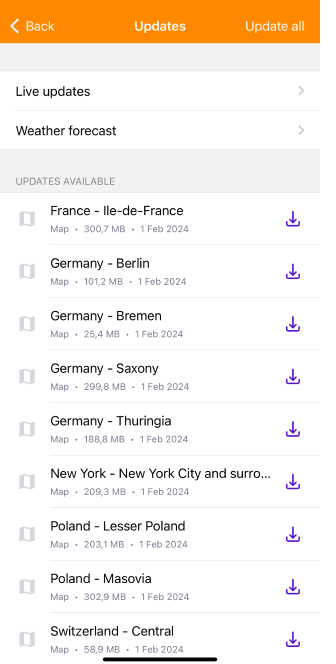 Menu Cartes Mettre à jour les cartes iOS