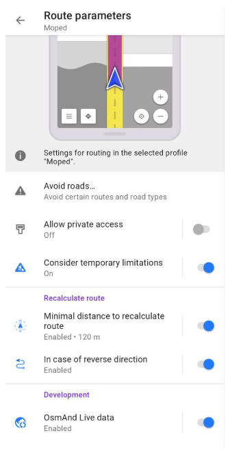 Paramètres de guidage pour mobylette Android