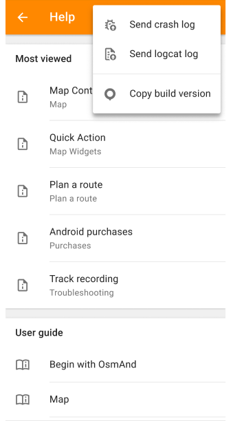 Capture d&#39;écran du menu d&#39;aide hors ligne Android