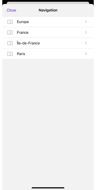 Menu de recherche des guides de voyage