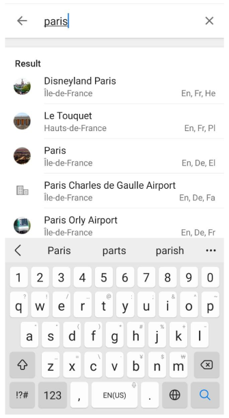Menu de recherche des guides de voyage