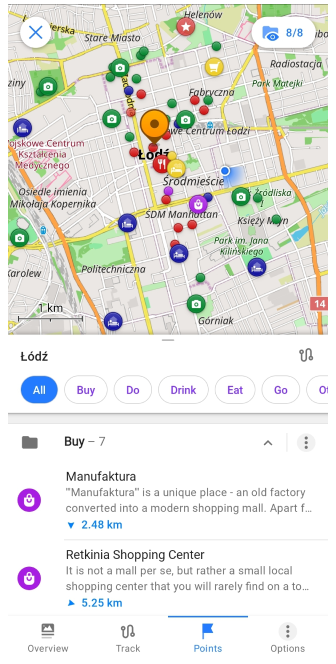Menu dei punti delle guide di viaggio