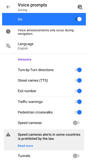 Voice Navigation settings Android