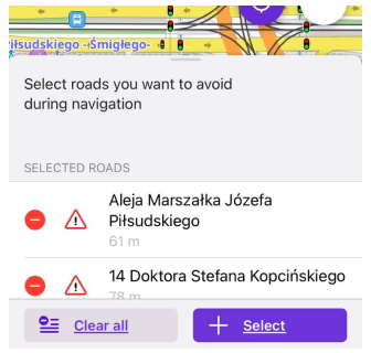 Lista dróg do uniknięcia na mapie iOS