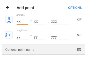 Menu wprowadzania współrzędnych na Androidzie