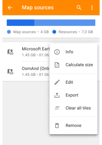 Menu elementów źródła mapy