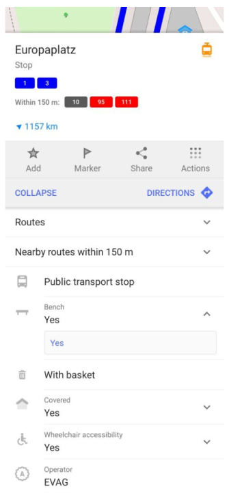 Szczegóły menu trasy transportu publicznego Android