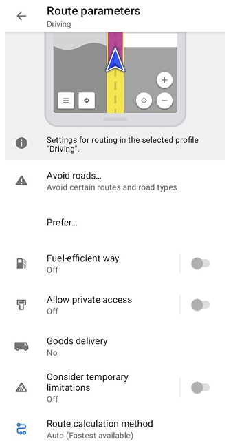 Ustawienia wyznaczania trasy dla samochodu Android