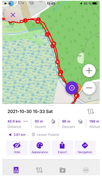 Ekran statystyk śladu iOS