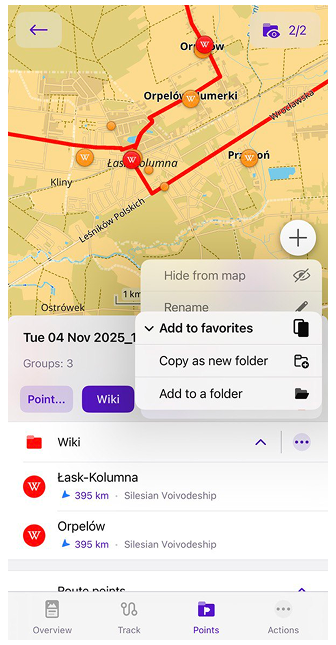 Menu grupy menu śladu iOS