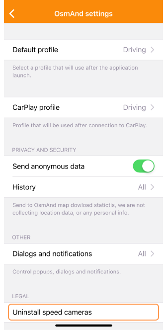 Ustawienia ogólne Fotoradary iOS