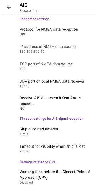 Configurações AIS