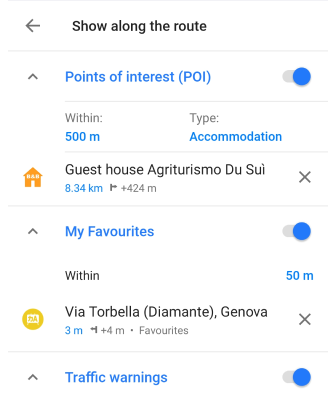 pontos ao longo da rota