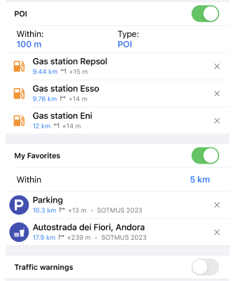 pontos ao longo da rota