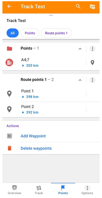 Pontos do menu de contexto da trilha Android