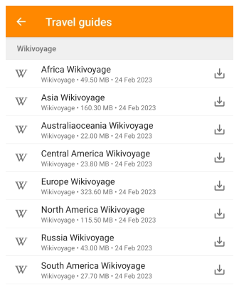 Menu de download de guias de viagem