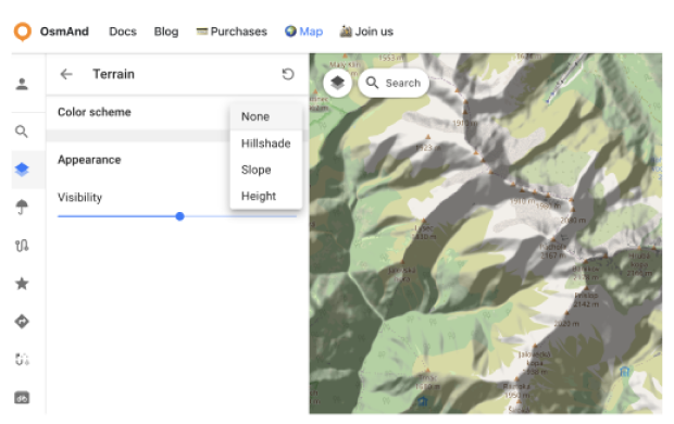 Configure map menu Terrain